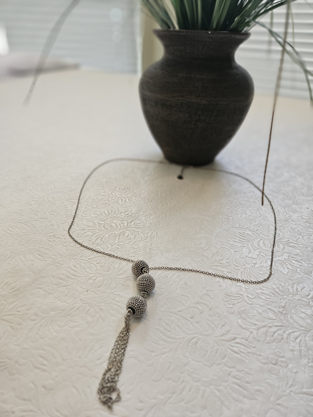 Long Silver Beaded Tassel Necklace